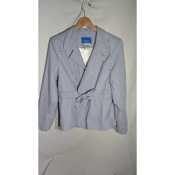 Perfect By Carson Kressley Womens Open Front Tie Waist Seersucker Blazer Sz 14 - Picture 3 of 6